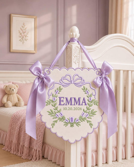 Personalized Embroidered Baby Name Banner, Floral Monogram Nursery Sign, Custom Baby Girl Wall Hanging, Bow Nursery Decor, Newborn Gift