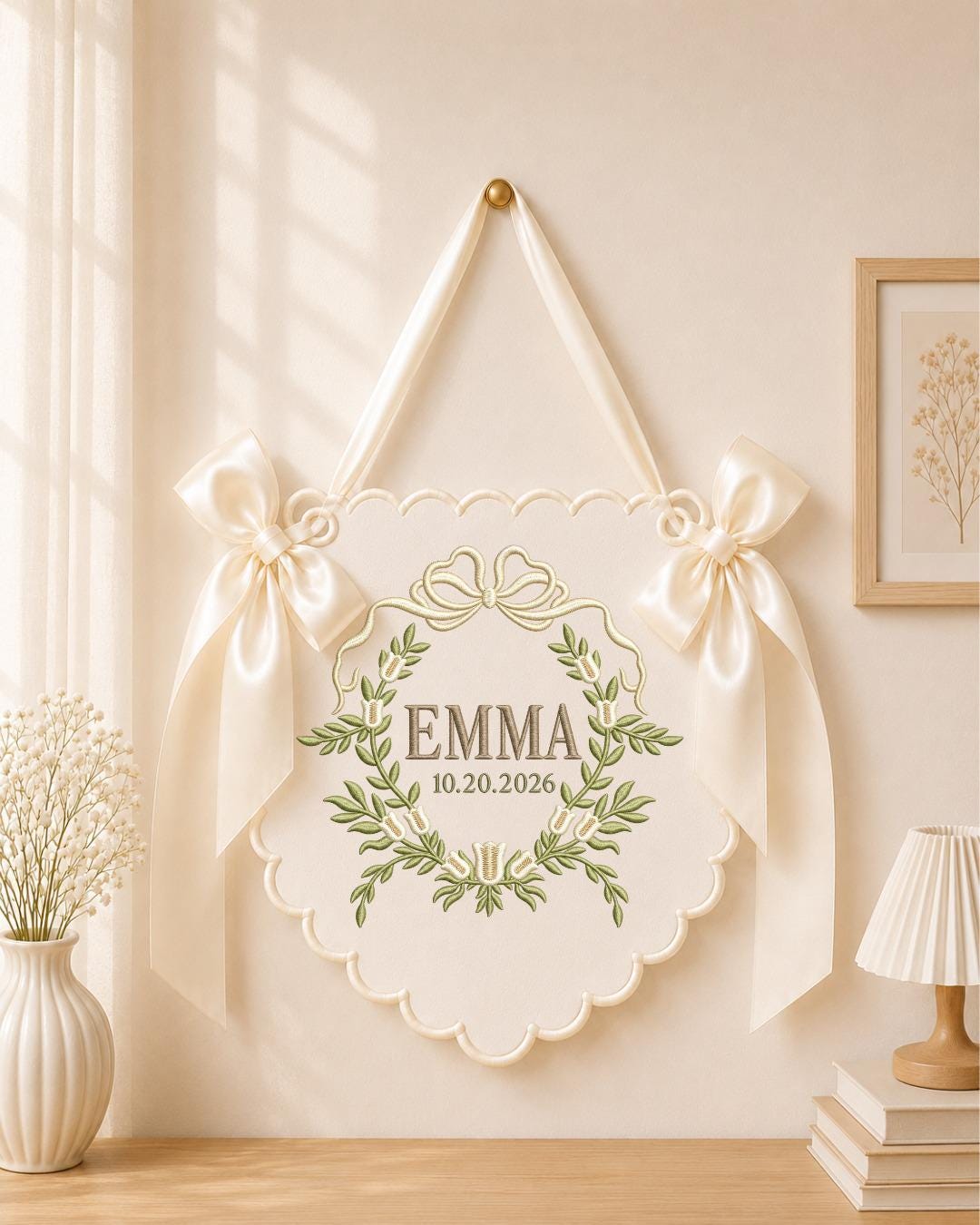 Personalized Embroidered Baby Name Banner, Floral Monogram Nursery Sign, Custom Baby Girl Wall Hanging, Bow Nursery Decor, Newborn Gift