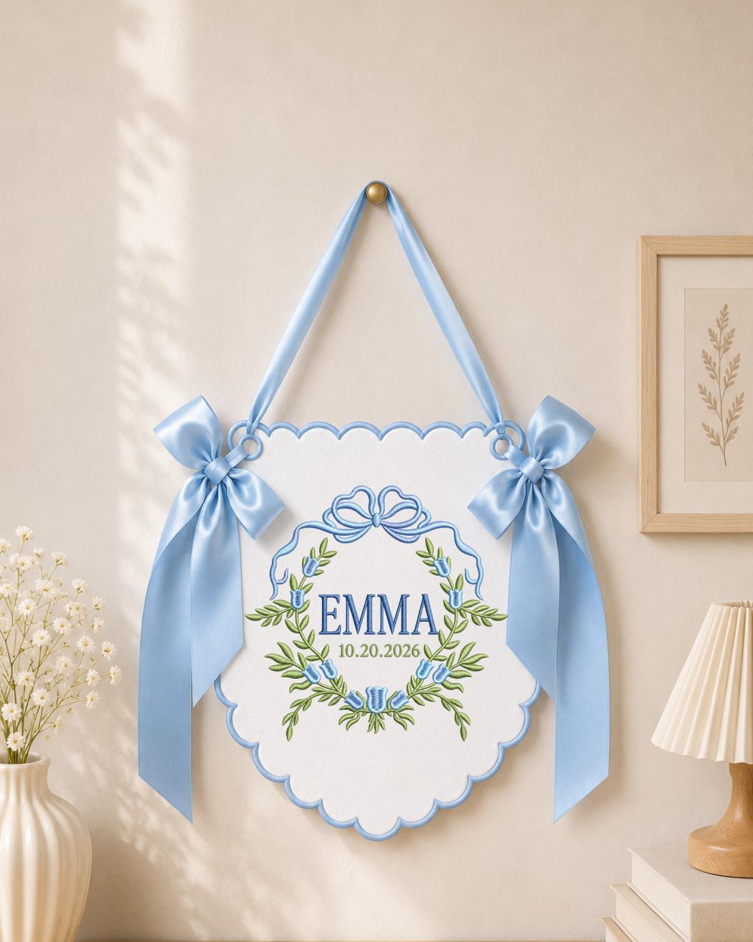 Personalized Embroidered Baby Name Banner, Floral Monogram Nursery Sign, Custom Baby Girl Wall Hanging, Bow Nursery Decor, Newborn Gift