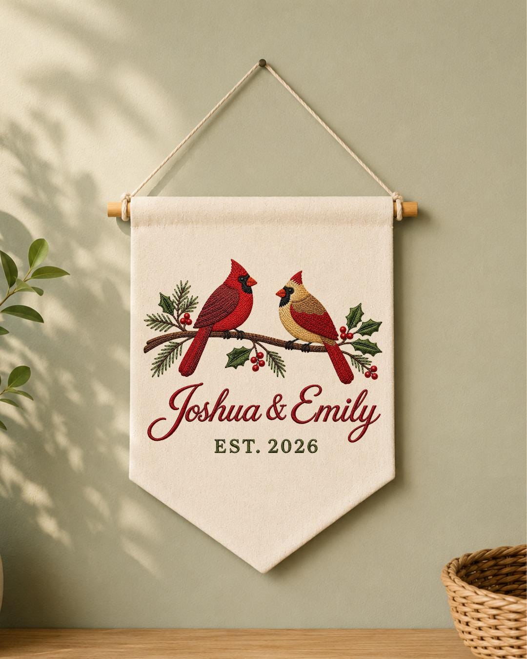 Personalized Cardinal Couple Wall Hanging, Custom Names Embroidered Banner, Christmas Bird Decor, Anniversary Keepsake, Couple Gift