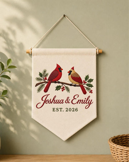 Personalized Cardinal Couple Wall Hanging, Custom Names Embroidered Banner, Christmas Bird Decor, Anniversary Keepsake, Couple Gift