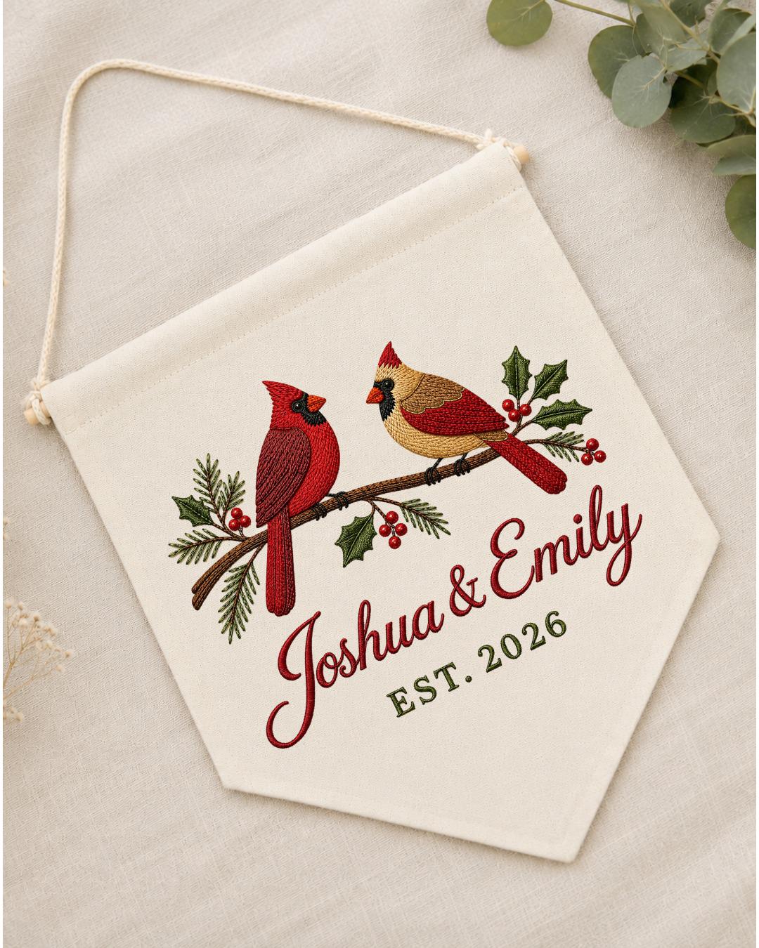 Personalized Cardinal Couple Wall Hanging, Custom Names Embroidered Banner, Christmas Bird Decor, Anniversary Keepsake, Couple Gift