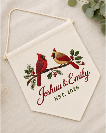 Personalized Cardinal Couple Wall Hanging, Custom Names Embroidered Banner, Christmas Bird Decor, Anniversary Keepsake, Couple Gift