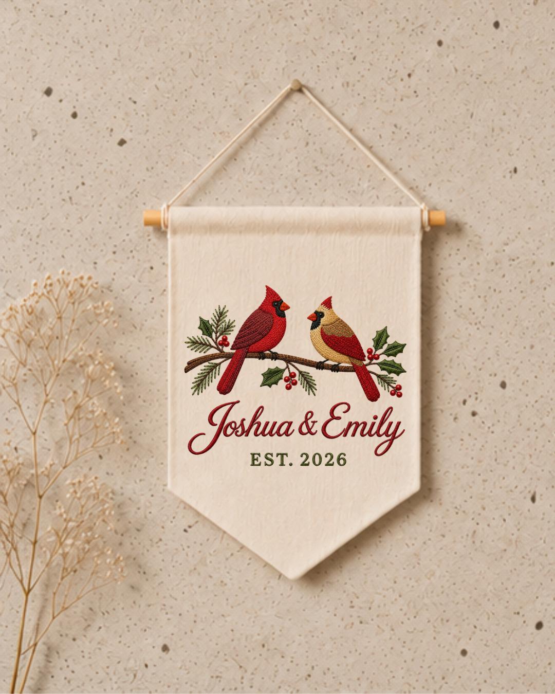 Personalized Cardinal Couple Wall Hanging, Custom Names Embroidered Banner, Christmas Bird Decor, Anniversary Keepsake, Couple Gift