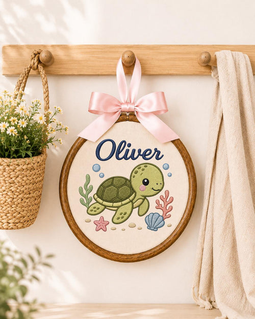 Personalized Sea Turtle Embroidered Ornament, Custom Baby Name Hoop, Ocean Nursery Decor, Under the Sea Baby Gift, Newborn Keepsake