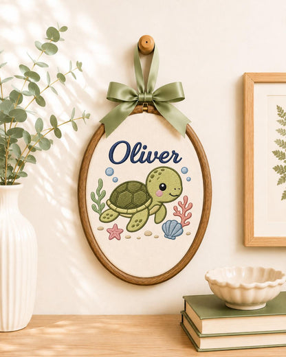 Personalized Sea Turtle Embroidered Ornament, Custom Baby Name Hoop, Ocean Nursery Decor, Under the Sea Baby Gift, Newborn Keepsake