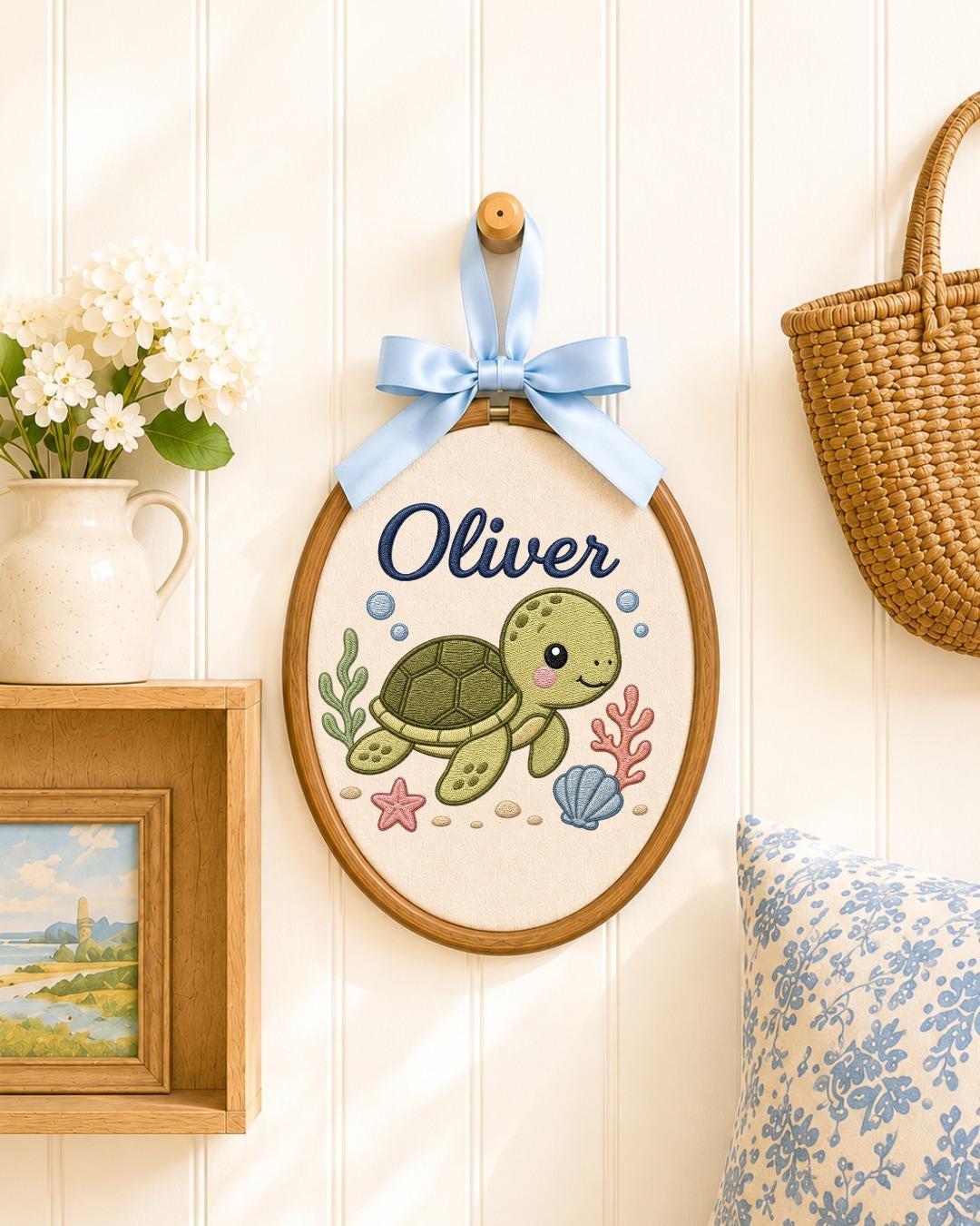 Personalized Sea Turtle Embroidered Ornament, Custom Baby Name Hoop, Ocean Nursery Decor, Under the Sea Baby Gift, Newborn Keepsake