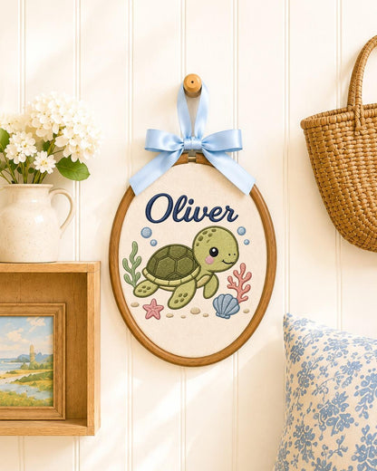 Personalized Sea Turtle Embroidered Ornament, Custom Baby Name Hoop, Ocean Nursery Decor, Under the Sea Baby Gift, Newborn Keepsake