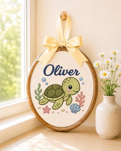 Personalized Sea Turtle Embroidered Ornament, Custom Baby Name Hoop, Ocean Nursery Decor, Under the Sea Baby Gift, Newborn Keepsake