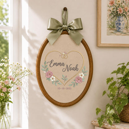 Personalized Wedding Oval Hoop Art, Custom Name Emma Noah Embroidered Heart Rings Floral Couple Wall Hanging Sign Keepsake Gift