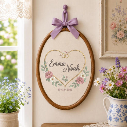 Personalized Wedding Oval Hoop Art, Custom Name Emma Noah Embroidered Heart Rings Floral Couple Wall Hanging Sign Keepsake Gift