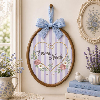 Personalized Wedding Oval Hoop Art, Custom Name Emma Noah Embroidered Heart Rings Floral Couple Wall Hanging Sign Keepsake Gift
