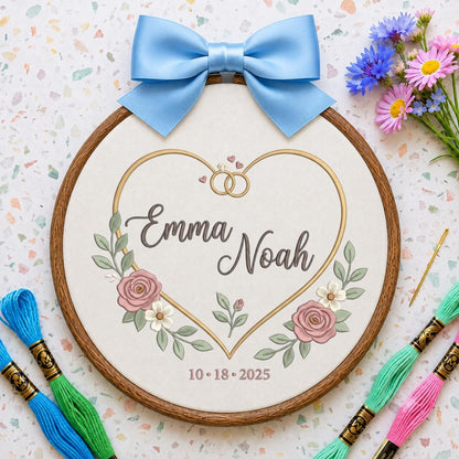 Personalized Wedding Oval Hoop Art, Custom Name Emma Noah Embroidered Heart Rings Floral Couple Wall Hanging Sign Keepsake Gift