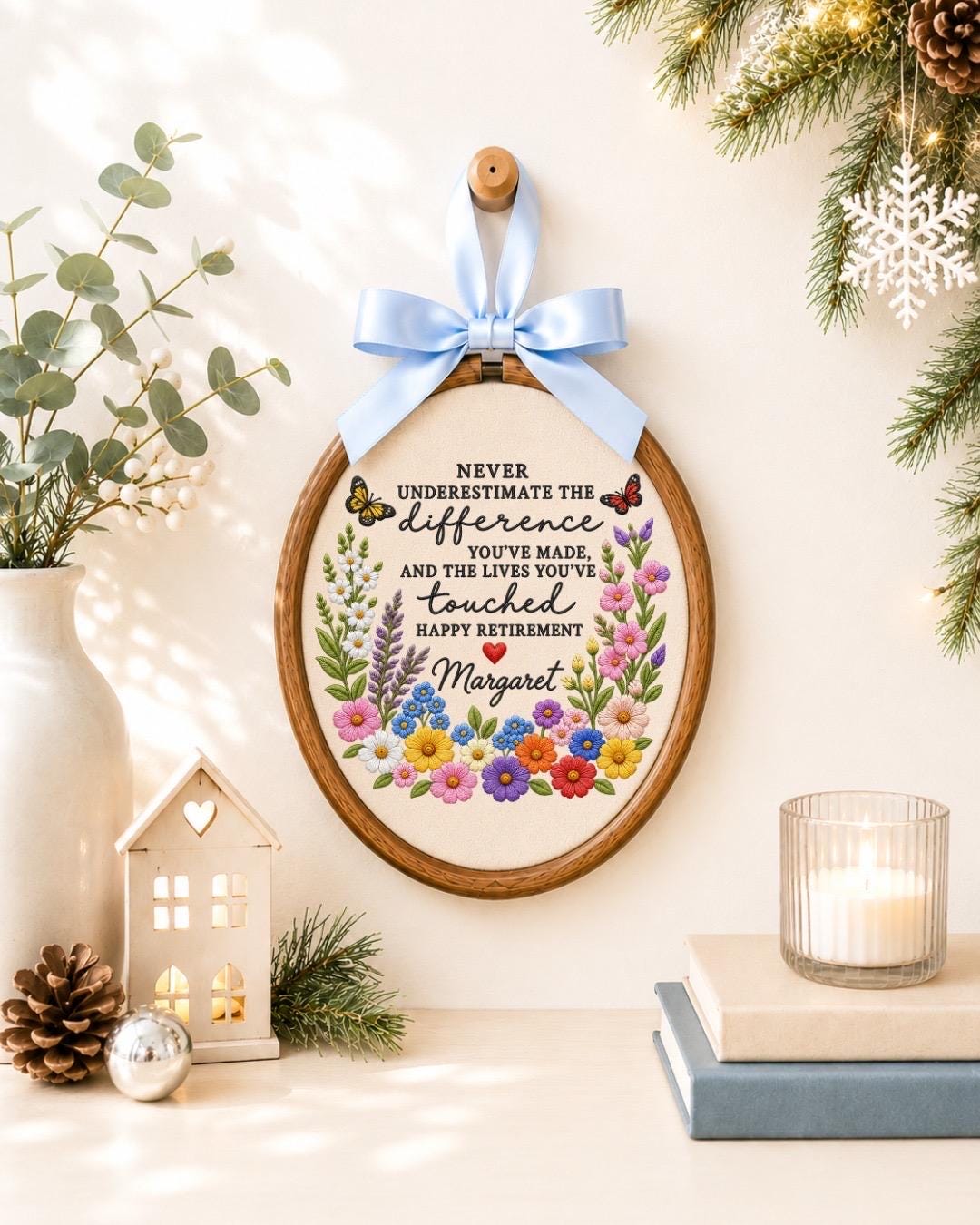 Personalized Retirement Embroidered Ornament, Custom Retirement Gift, Floral Coworker Keepsake, Retirement Quote Decor, Teacher Retirement
