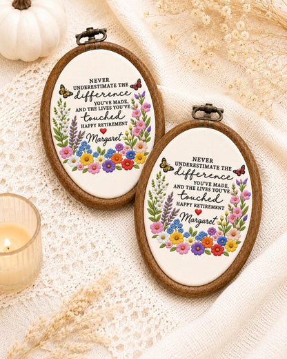 Personalized Retirement Embroidered Ornament, Custom Retirement Gift, Floral Coworker Keepsake, Retirement Quote Decor, Teacher Retirement