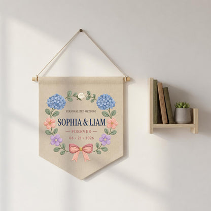 Personalized Wedding Canvas Pennant Banner, Custom Name Sophia Liam Embroidered Blue Hydrangea Floral Wreath Wall Sign Decor
