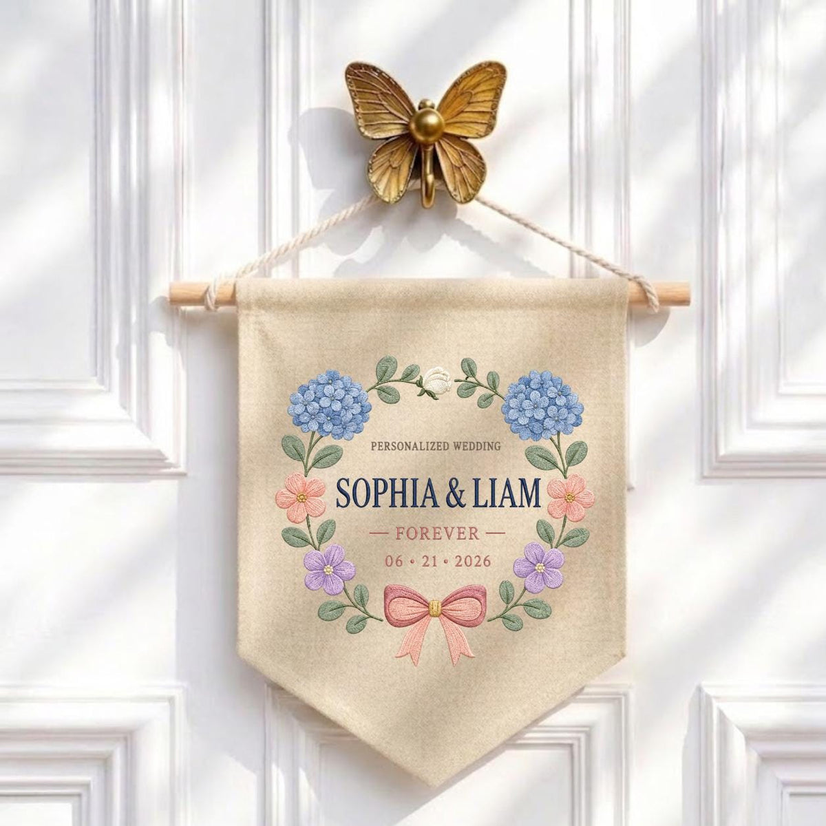 Personalized Wedding Canvas Pennant Banner, Custom Name Sophia Liam Embroidered Blue Hydrangea Floral Wreath Wall Sign Decor