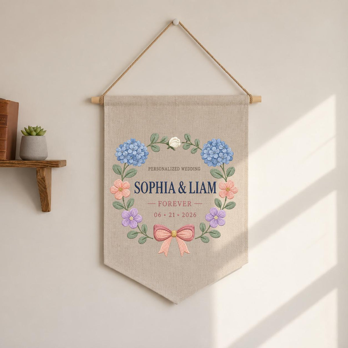 Personalized Wedding Canvas Pennant Banner, Custom Name Sophia Liam Embroidered Blue Hydrangea Floral Wreath Wall Sign Decor