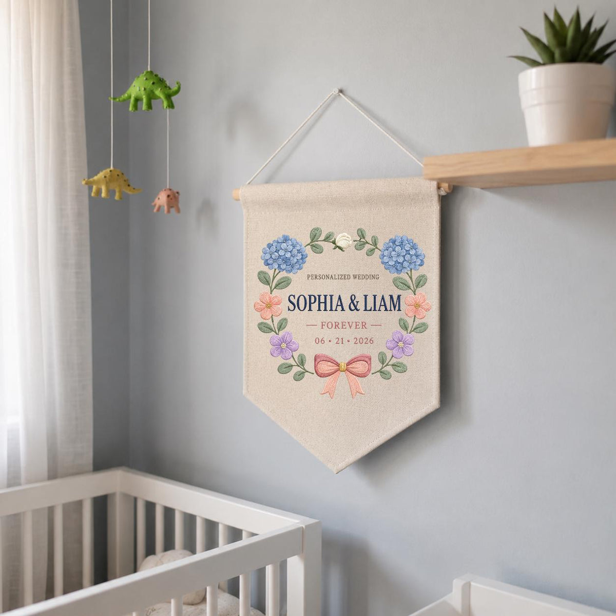 Personalized Wedding Canvas Pennant Banner, Custom Name Sophia Liam Embroidered Blue Hydrangea Floral Wreath Wall Sign Decor