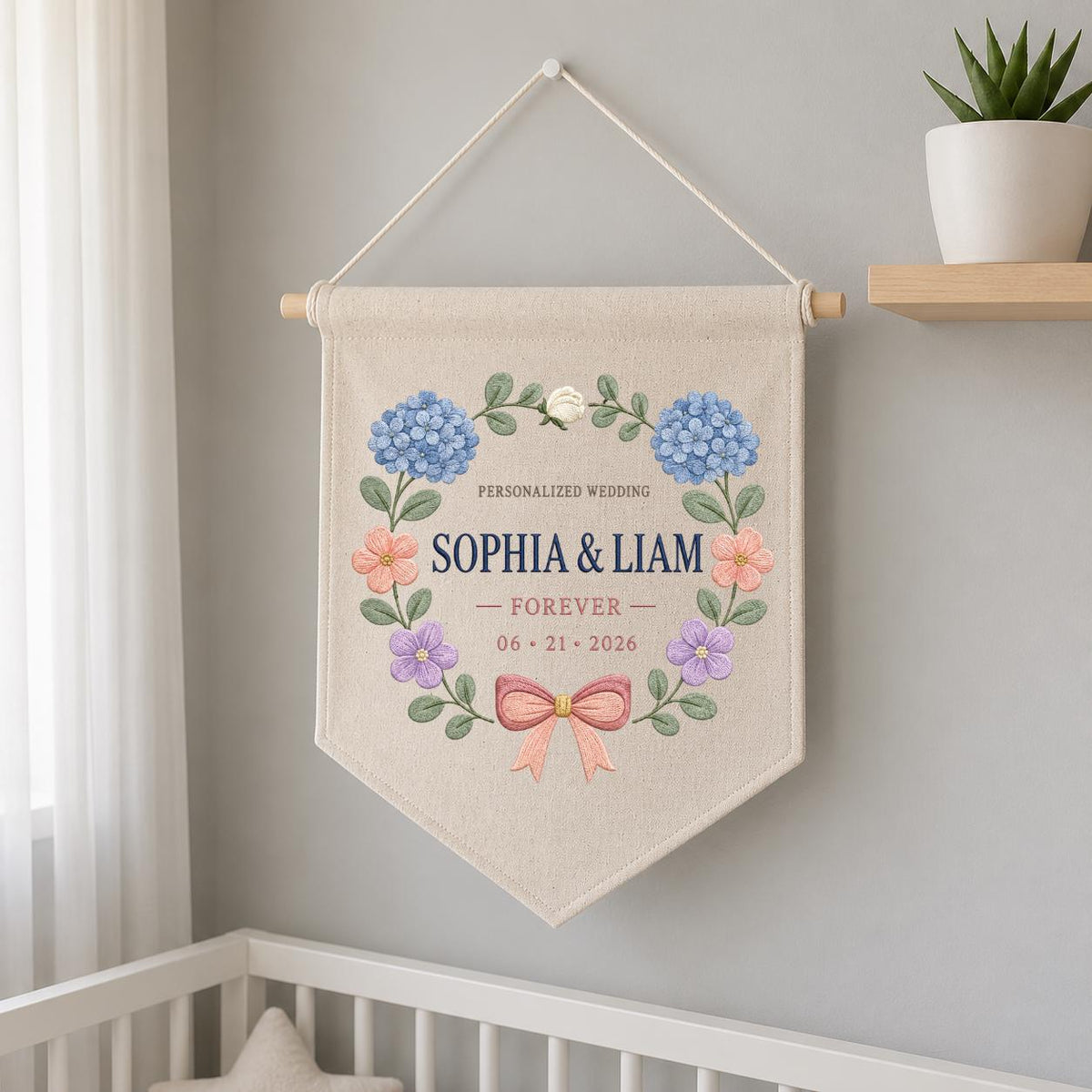 Personalized Wedding Canvas Pennant Banner, Custom Name Sophia Liam Embroidered Blue Hydrangea Floral Wreath Wall Sign Decor