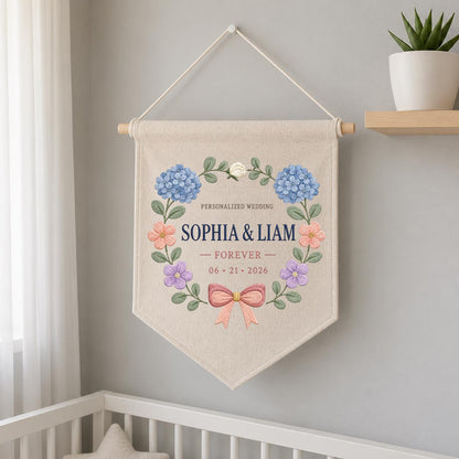 Personalized Wedding Canvas Pennant Banner, Custom Name Sophia Liam Embroidered Blue Hydrangea Floral Wreath Wall Sign Decor