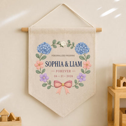 Personalized Wedding Canvas Pennant Banner, Custom Name Sophia Liam Embroidered Blue Hydrangea Floral Wreath Wall Sign Decor