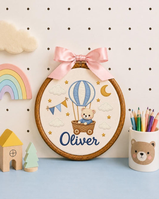 Personalized Hot Air Balloon Embroidered Ornament, Custom Baby Name Hoop, Teddy Bear Nursery Decor, Baby Boy Gift, Newborn Keepsake