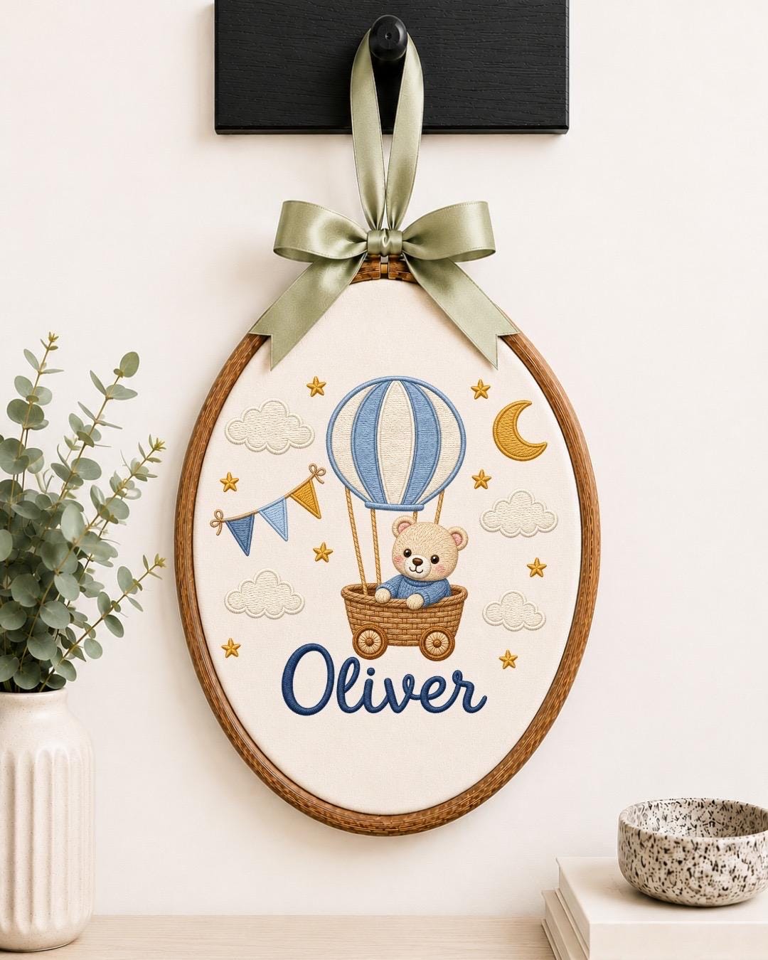 Personalized Hot Air Balloon Embroidered Ornament, Custom Baby Name Hoop, Teddy Bear Nursery Decor, Baby Boy Gift, Newborn Keepsake