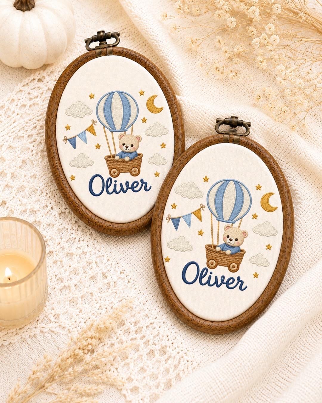 Personalized Hot Air Balloon Embroidered Ornament, Custom Baby Name Hoop, Teddy Bear Nursery Decor, Baby Boy Gift, Newborn Keepsake