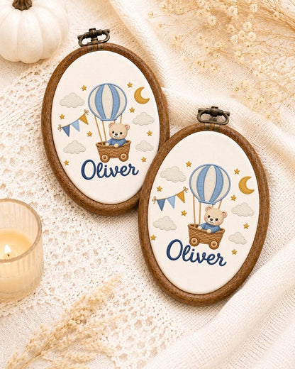 Personalized Hot Air Balloon Embroidered Ornament, Custom Baby Name Hoop, Teddy Bear Nursery Decor, Baby Boy Gift, Newborn Keepsake
