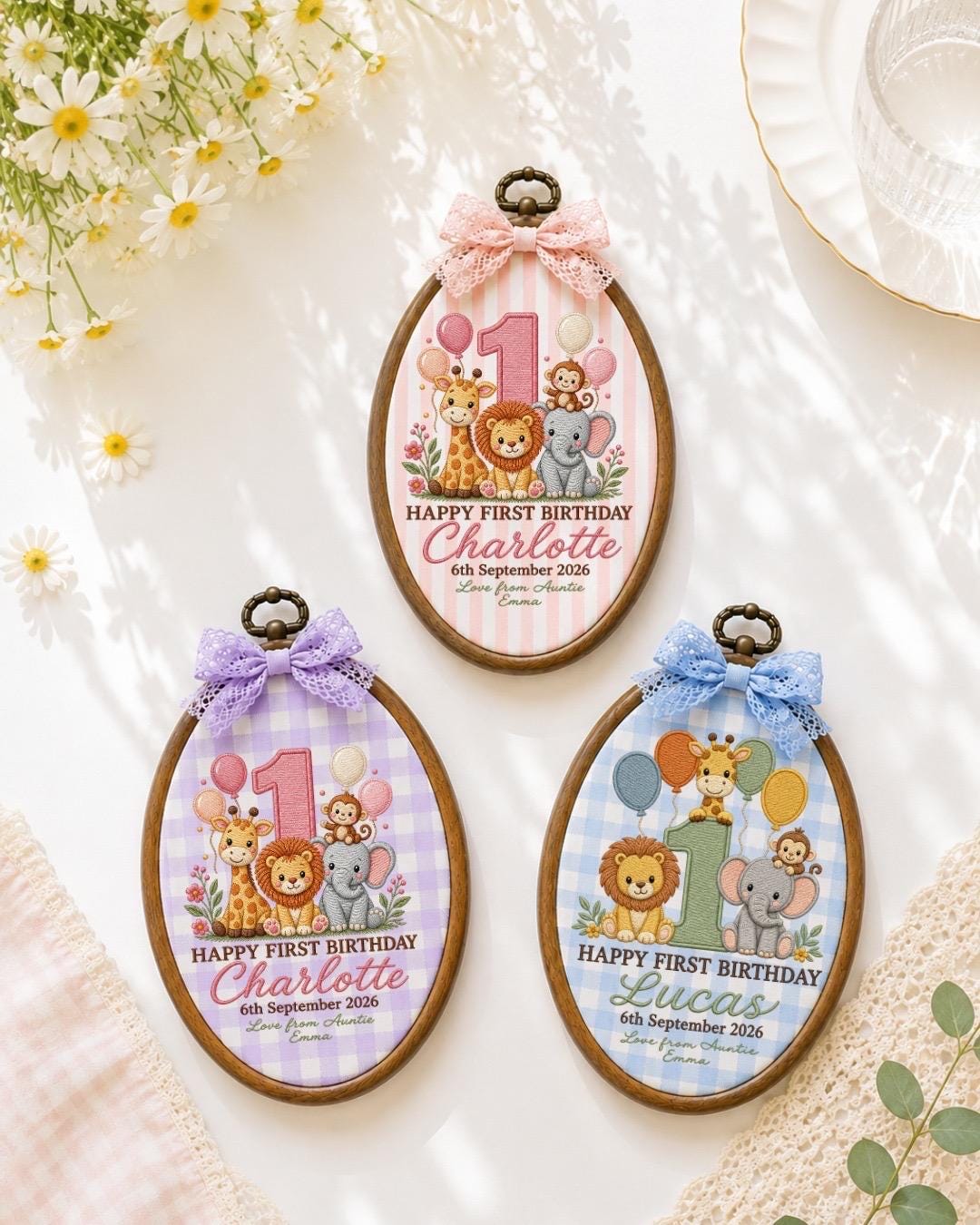 Personalized First Birthday Embroidered Ornament, Safari Animal Birthday Gift, Custom Baby Name Hoop, 1st Birthday Keepsake, Jungle Nursery