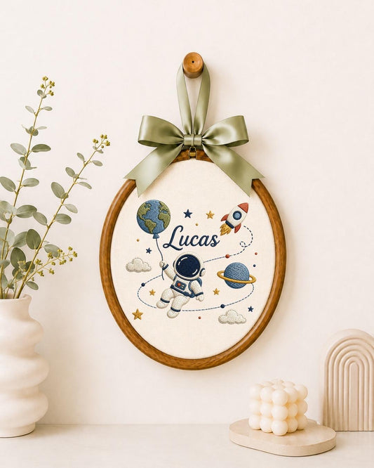Personalized Astronaut Embroidered Ornament, Custom Baby Name Space Hoop, Outer Space Nursery Decor, Baby Boy Gift, Rocket Keepsake