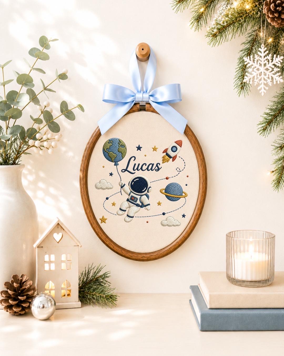 Personalized Astronaut Embroidered Ornament, Custom Baby Name Space Hoop, Outer Space Nursery Decor, Baby Boy Gift, Rocket Keepsake