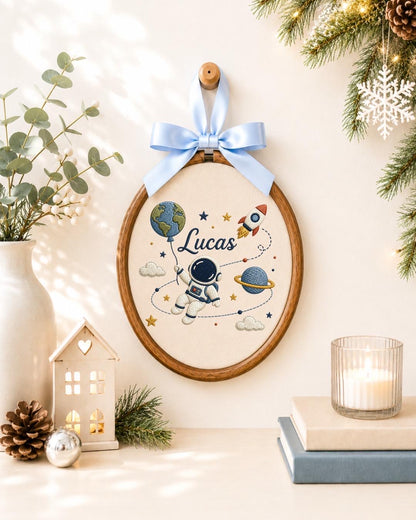 Personalized Astronaut Embroidered Ornament, Custom Baby Name Space Hoop, Outer Space Nursery Decor, Baby Boy Gift, Rocket Keepsake