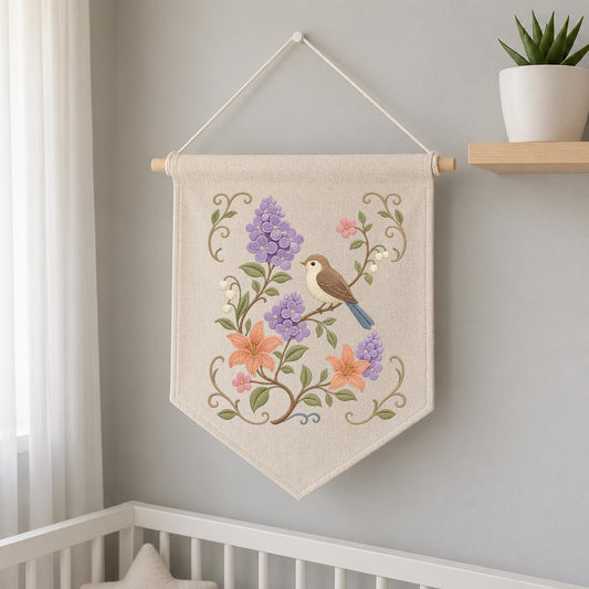 Botanical Bird Embroidered Canvas Banner Decor, Vintage Lilac Lily Flower Cottagecore Bird Wall Hanging Sign, Spring Garden Lover Gift