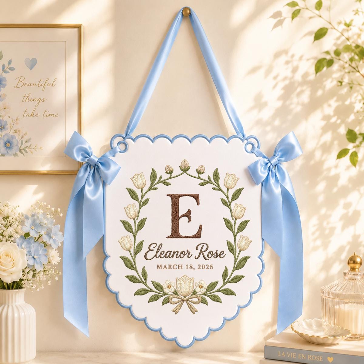 Personalized Floral Monogram Banner Eleanor Rose Name Wall Hanging Purple Tulip Decor Custom Initial Gift