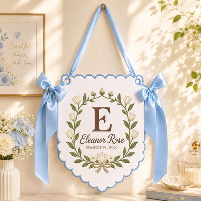 Personalized Floral Monogram Banner Eleanor Rose Name Wall Hanging Purple Tulip Decor Custom Initial Gift