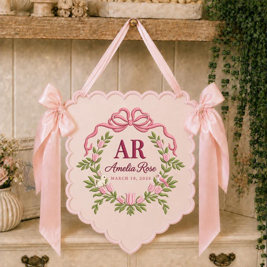 Personalized Floral Monogram Banner Amelia Rose Name Wall Hanging Lavender Bow Decor Custom Initial Nursery Keepsake Gift