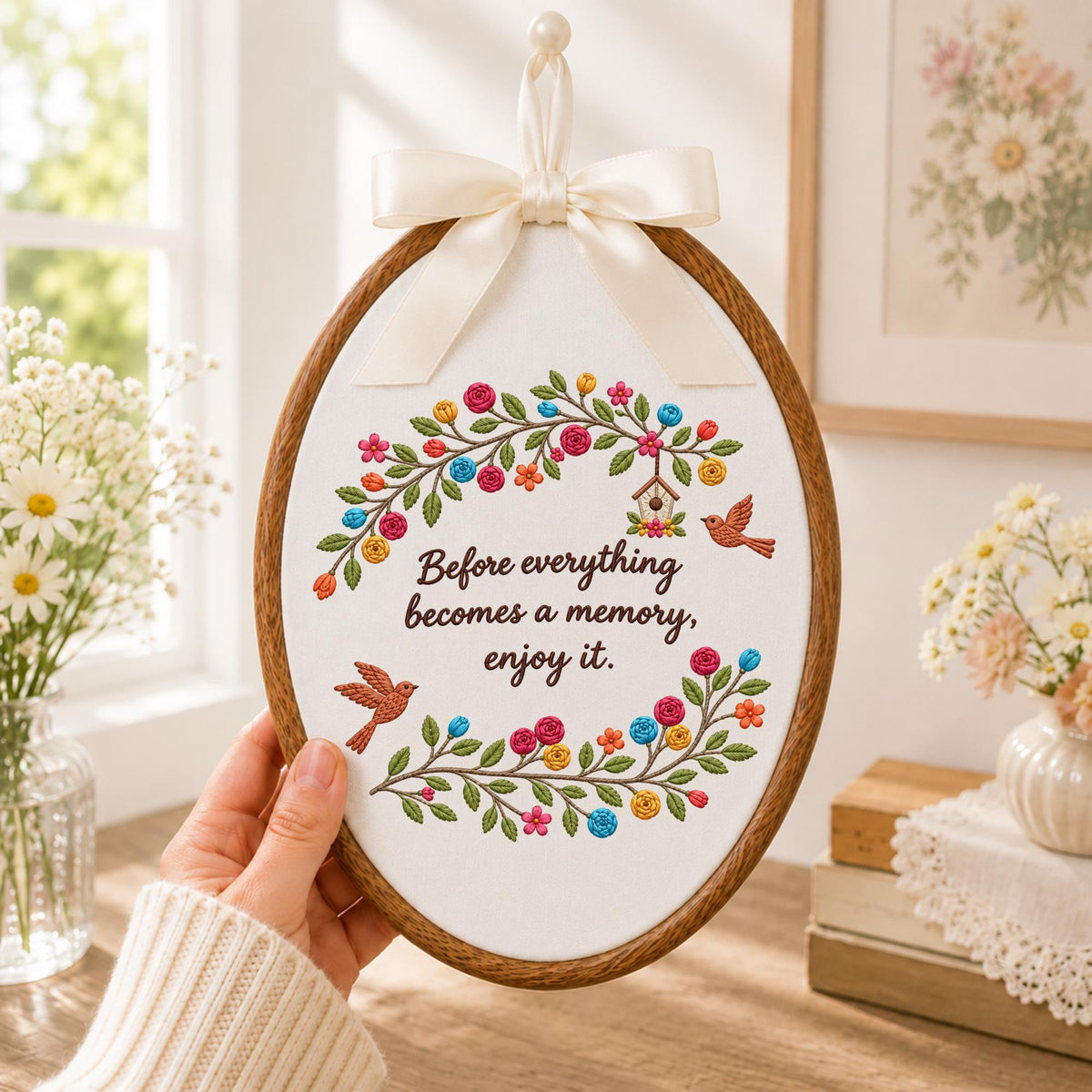 Personalized Floral Quote Embroidered Ornament, Inspirational Memory Keepsake, Bird & Flower Decor, Meaningful Gift for Her