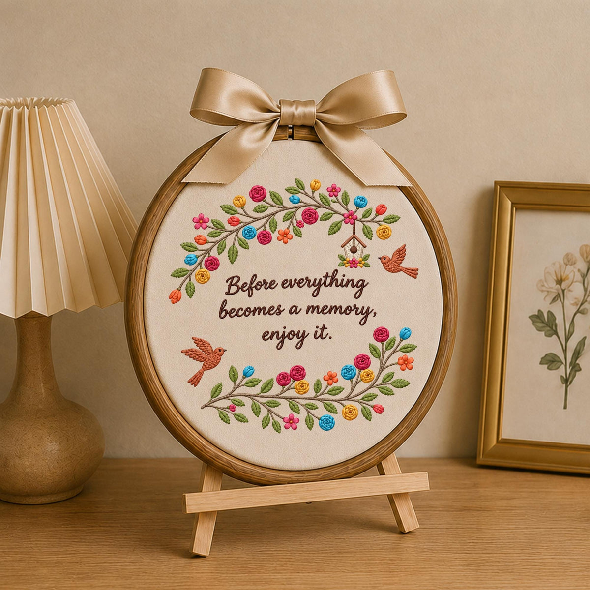 Personalized Floral Quote Embroidered Ornament, Inspirational Memory Keepsake, Bird & Flower Decor, Meaningful Gift for Her