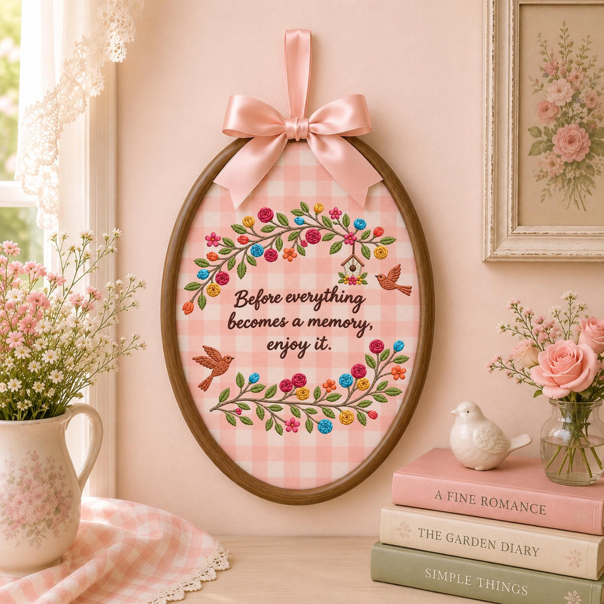 Personalized Floral Quote Embroidered Ornament, Inspirational Memory Keepsake, Bird & Flower Decor, Meaningful Gift for Her