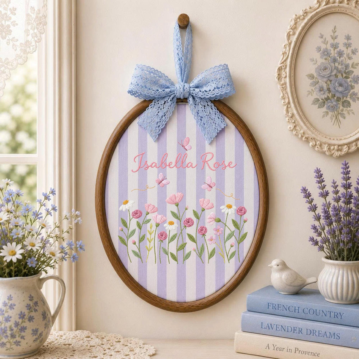 Personalized Wildflower Embroidered Ornament, Custom Baby Girl Name Sign, Butterfly Floral Nursery Decor, Newborn Keepsake Gift