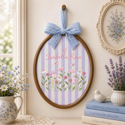 Personalized Wildflower Embroidered Ornament, Custom Baby Girl Name Sign, Butterfly Floral Nursery Decor, Newborn Keepsake Gift