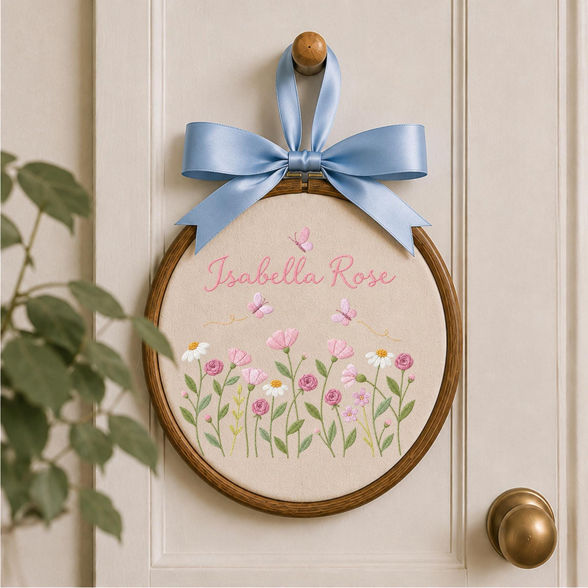 Personalized Wildflower Embroidered Ornament, Custom Baby Girl Name Sign, Butterfly Floral Nursery Decor, Newborn Keepsake Gift