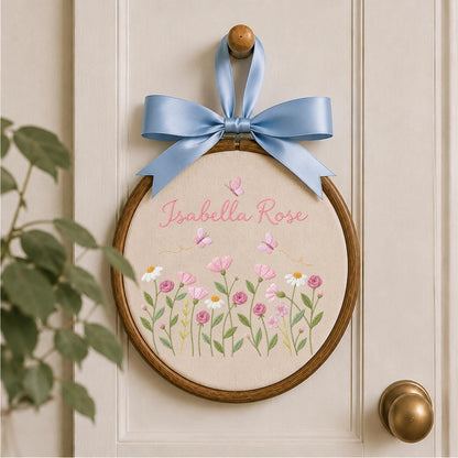 Personalized Wildflower Embroidered Ornament, Custom Baby Girl Name Sign, Butterfly Floral Nursery Decor, Newborn Keepsake Gift
