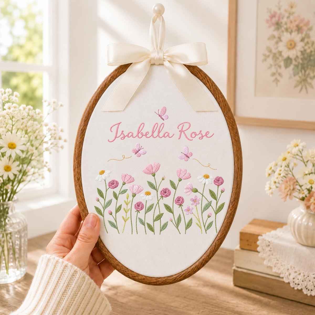 Personalized Wildflower Embroidered Ornament, Custom Baby Girl Name Sign, Butterfly Floral Nursery Decor, Newborn Keepsake Gift