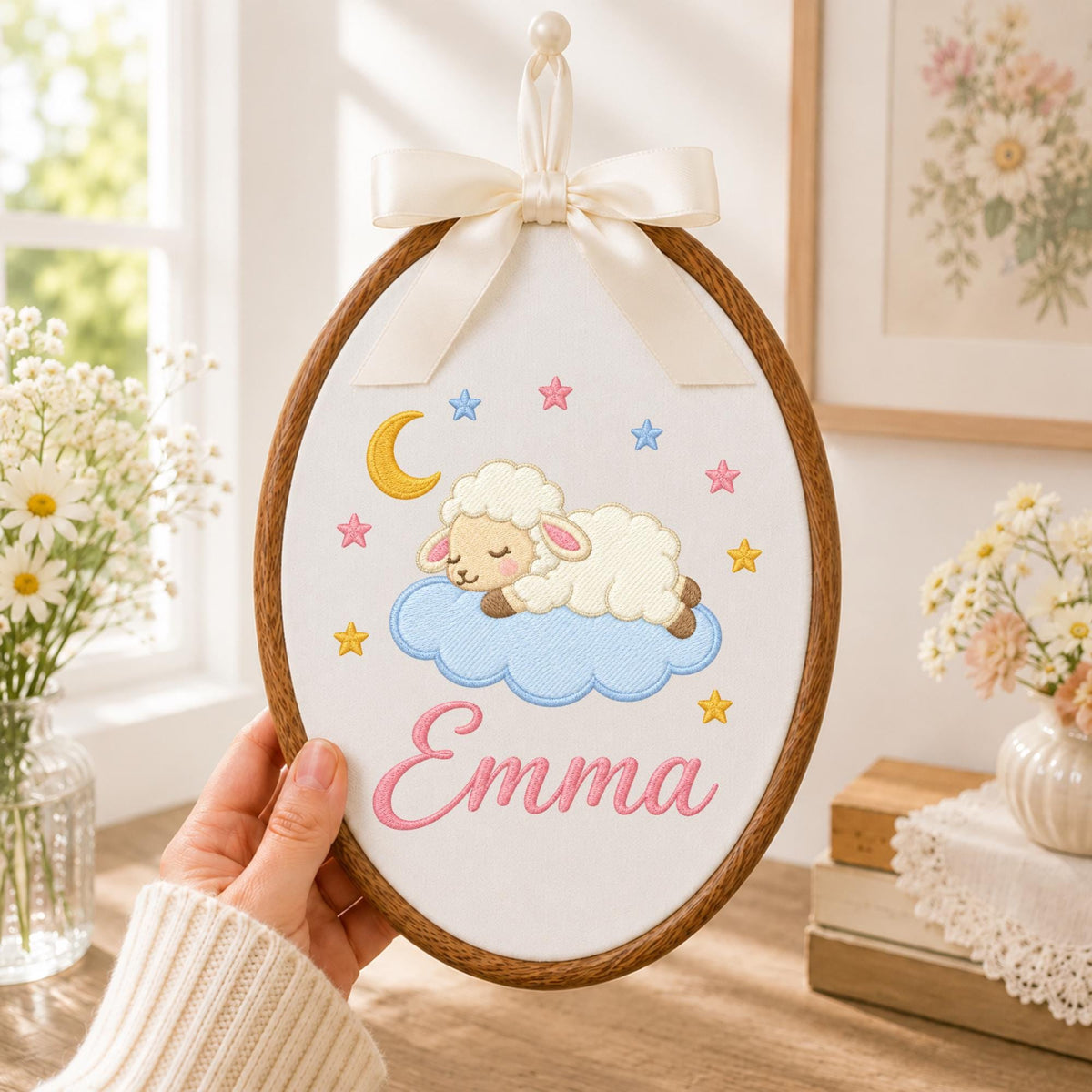 Personalized Sleeping Lamb Embroidered Ornament, Custom Baby Name Nursery Decor, Moon Stars Baby Girl Keepsake, Newborn Gift