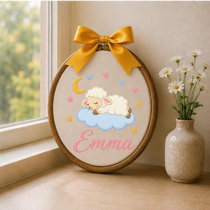 Personalized Sleeping Lamb Embroidered Ornament, Custom Baby Name Nursery Decor, Moon Stars Baby Girl Keepsake, Newborn Gift