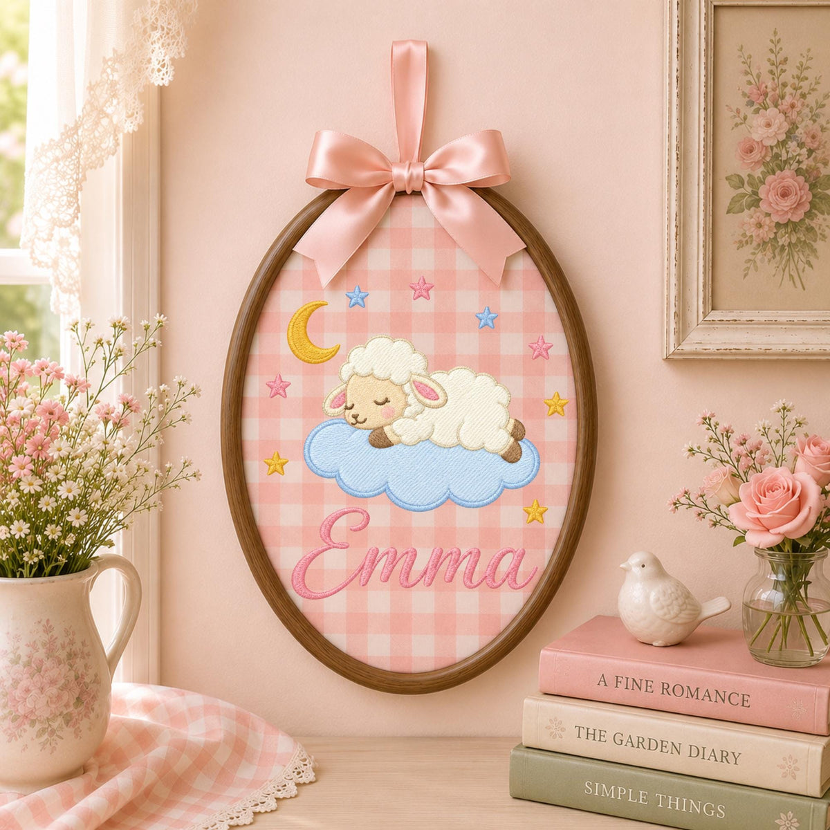 Personalized Sleeping Lamb Embroidered Ornament, Custom Baby Name Nursery Decor, Moon Stars Baby Girl Keepsake, Newborn Gift