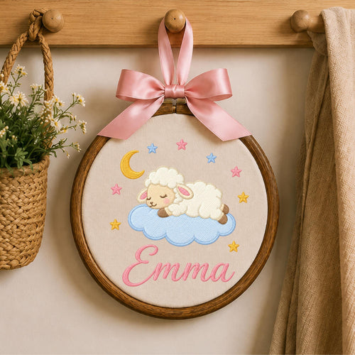 Personalized Sleeping Lamb Embroidered Ornament, Custom Baby Name Nursery Decor, Moon Stars Baby Girl Keepsake, Newborn Gift